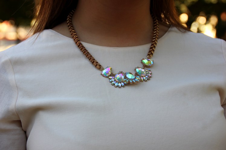 crystal necklace pink blouse