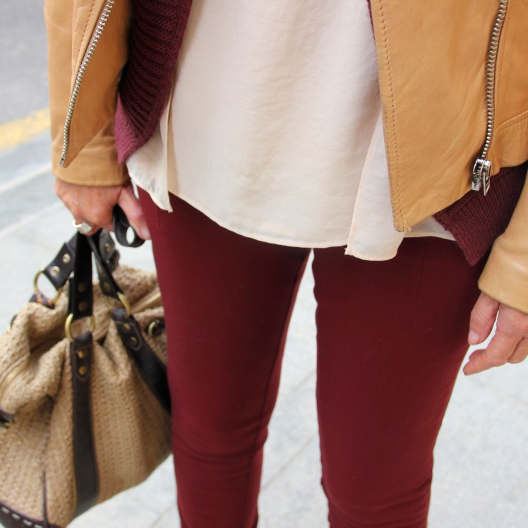 burgundy and beige leather jacket