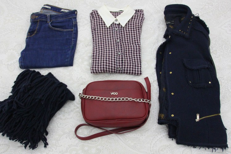 burgundy and blue outfit