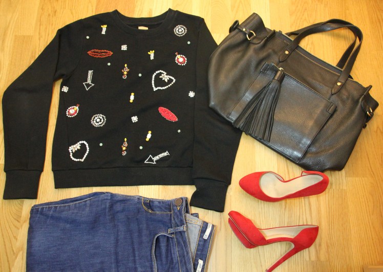 chandelier sweatshirt red heels