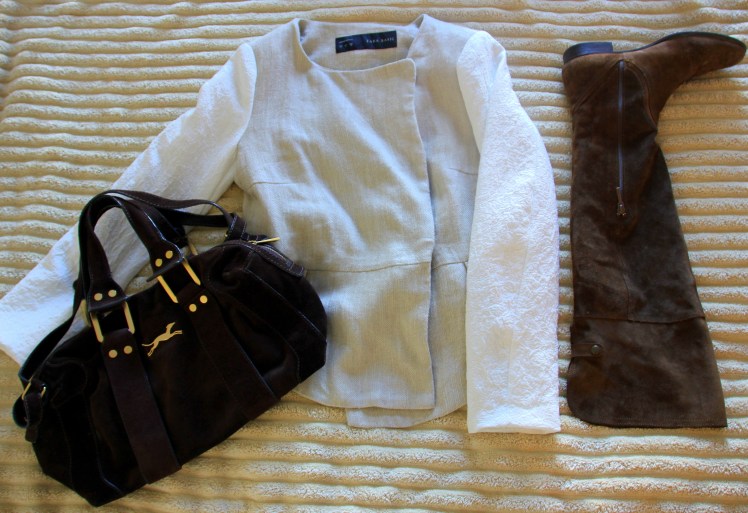 combi jacket white and beige high suede knee boot