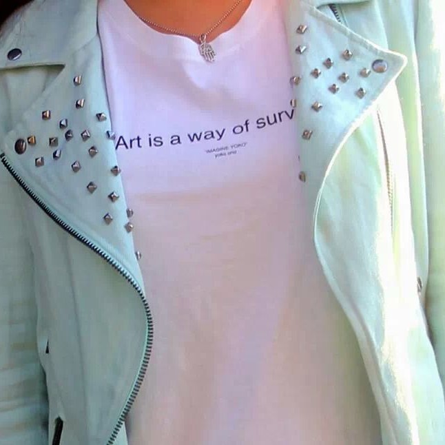 mint stud jacket and shirt with message