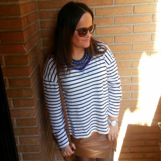 stripe shirt and leather brown skirt