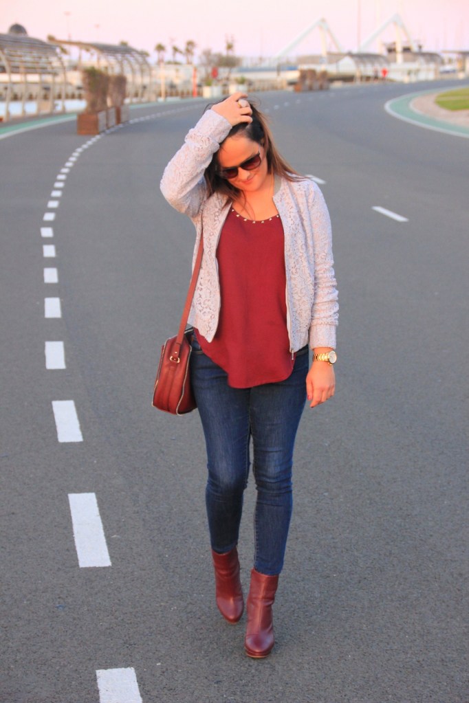 burgundy and pastel blue outfit