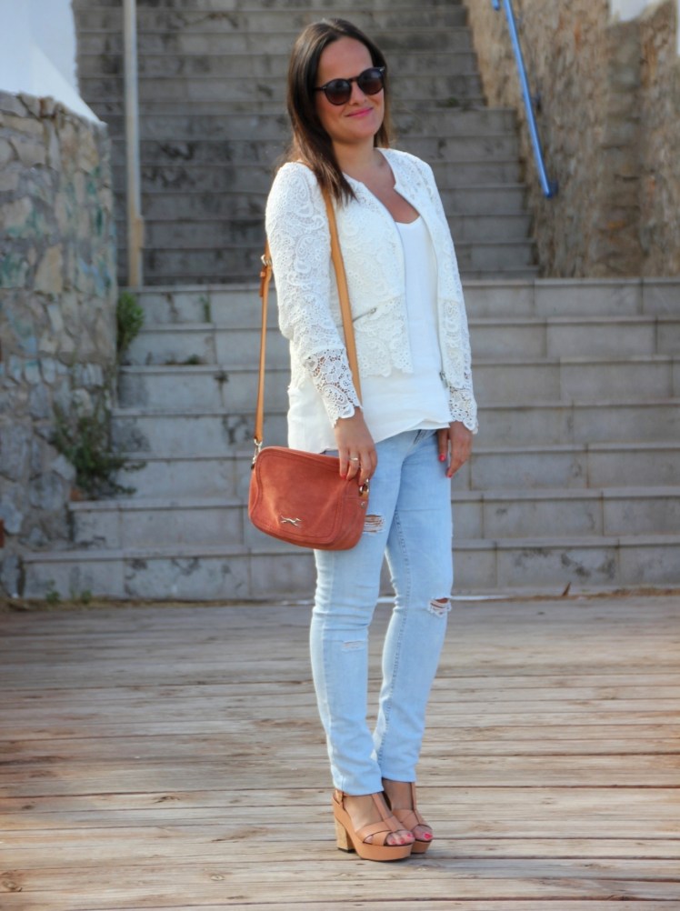 ripped jeans white crochet lace jacket zara