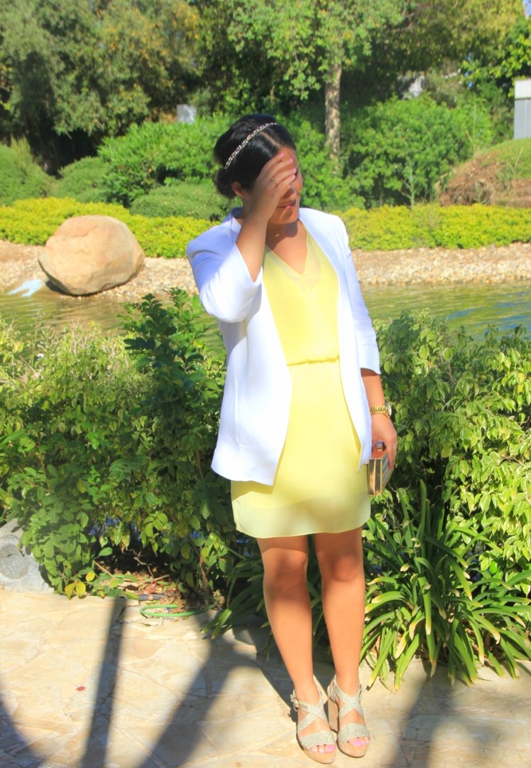 yellow dress white blazer